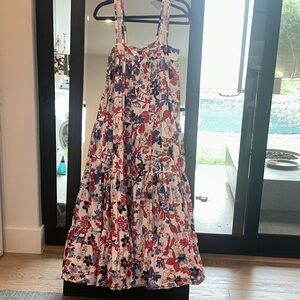 Mi Golondrina White Floral Tiered Sundress with Red & Blue Flowers